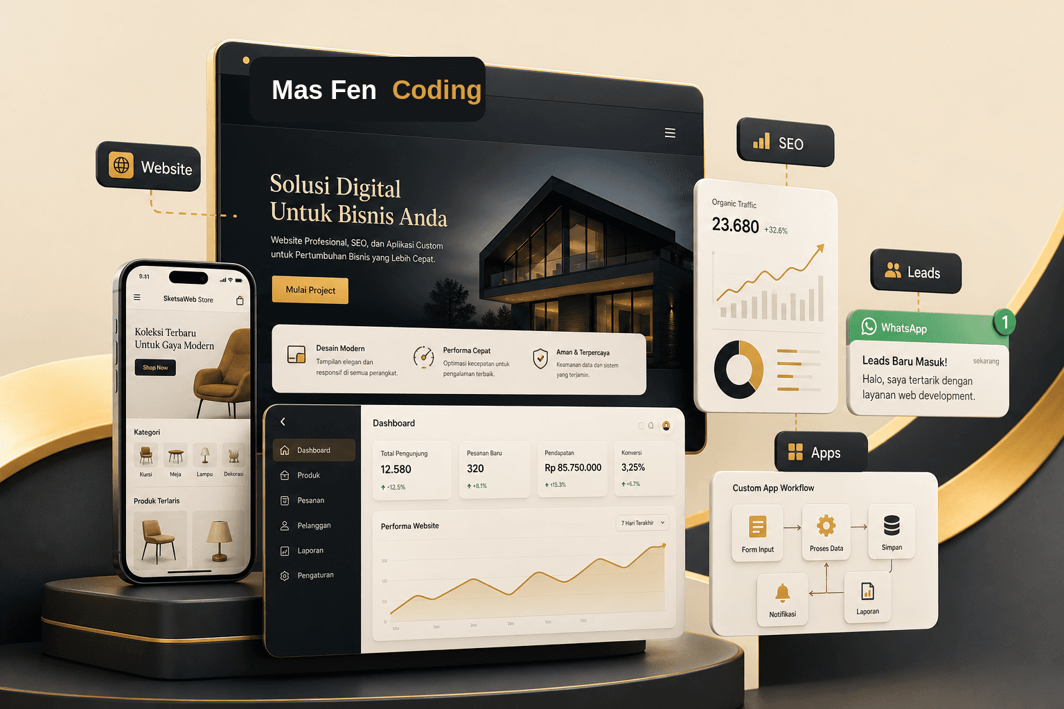 Mockup realistis website dan dashboard Mas Fen Coding