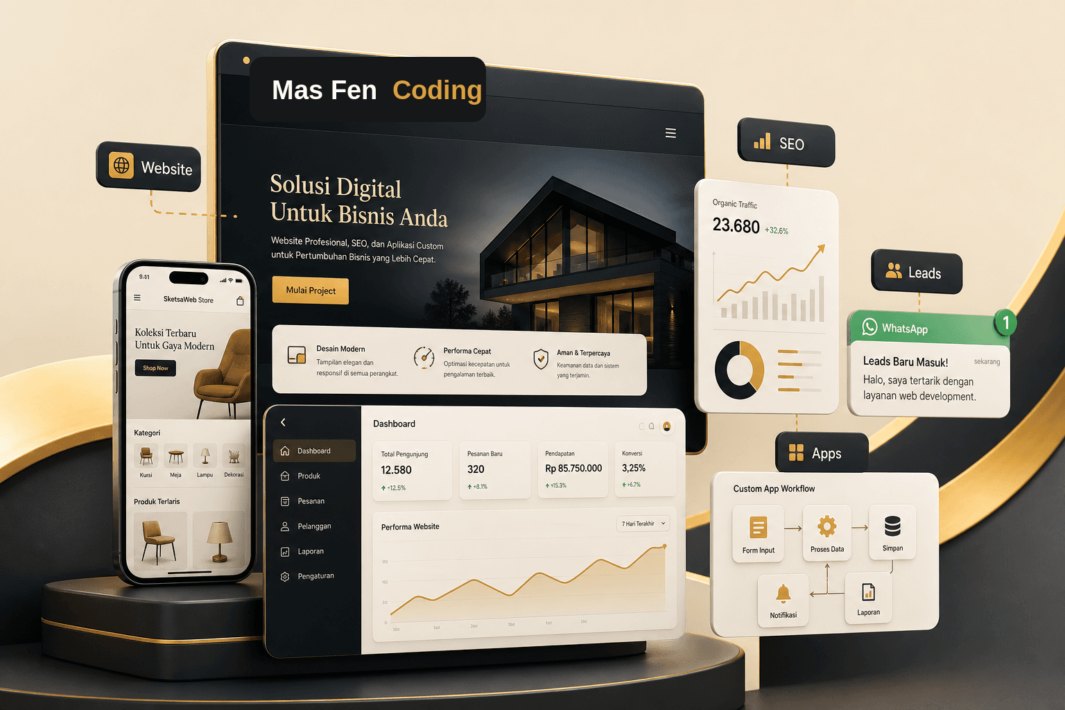 Mockup realistis website dan dashboard Mas Fen Coding